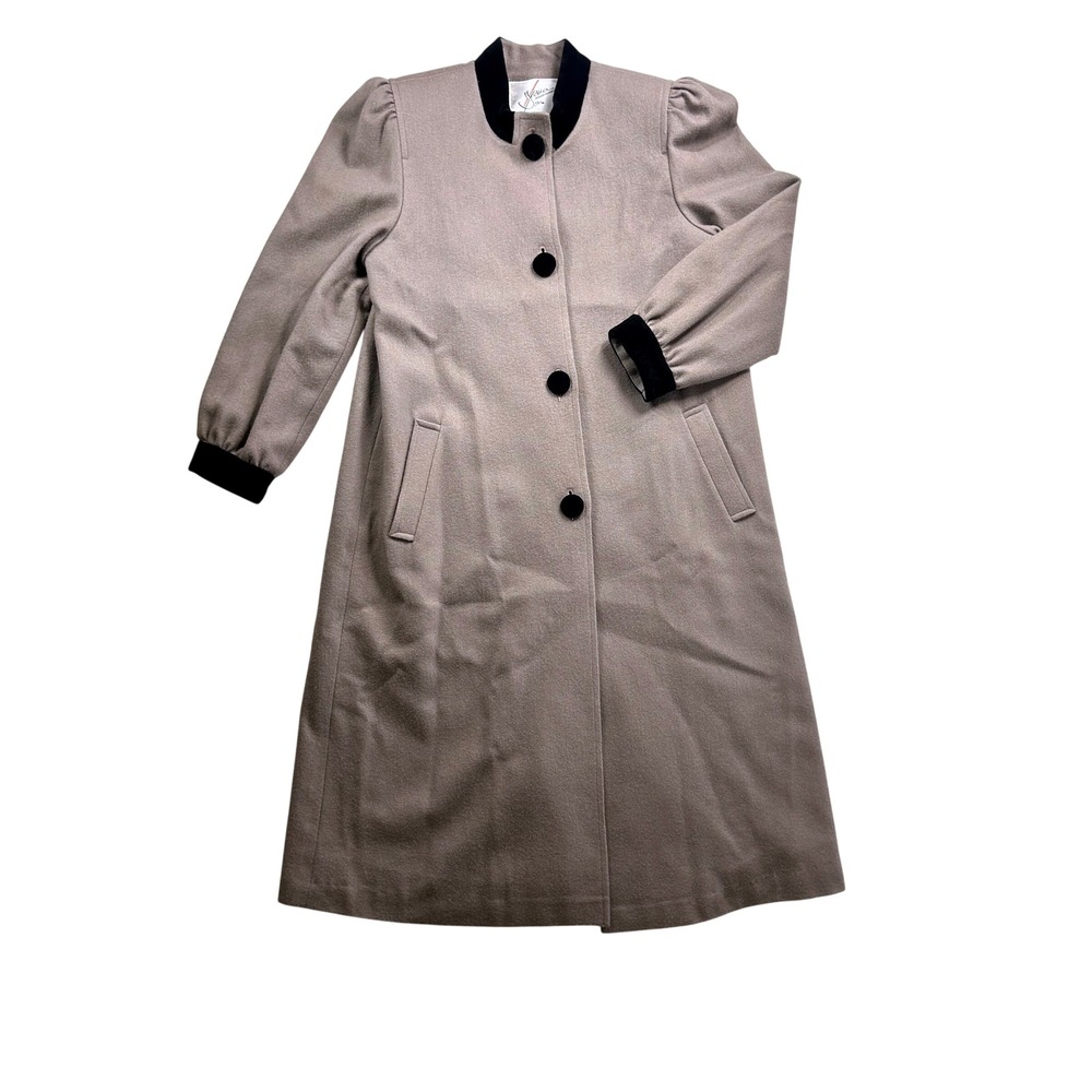 Vintage 1980 Yichia Taupe Wool Blend Overcoat Velvet Puff Sleeve Long Jacket